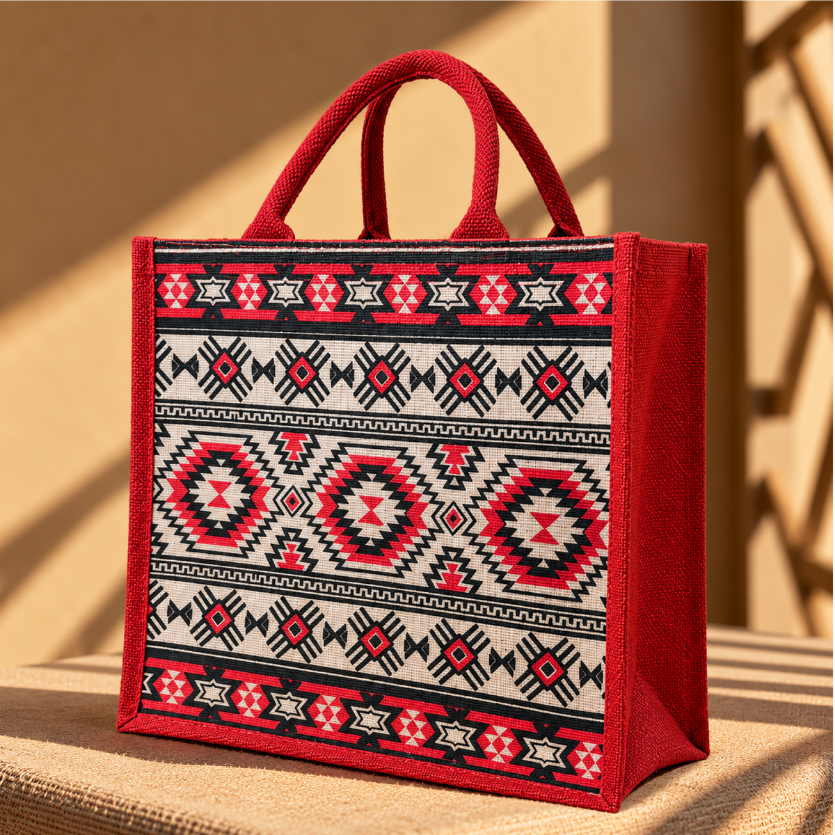 Folk Fusion Zipper Jute Shopping Bag
