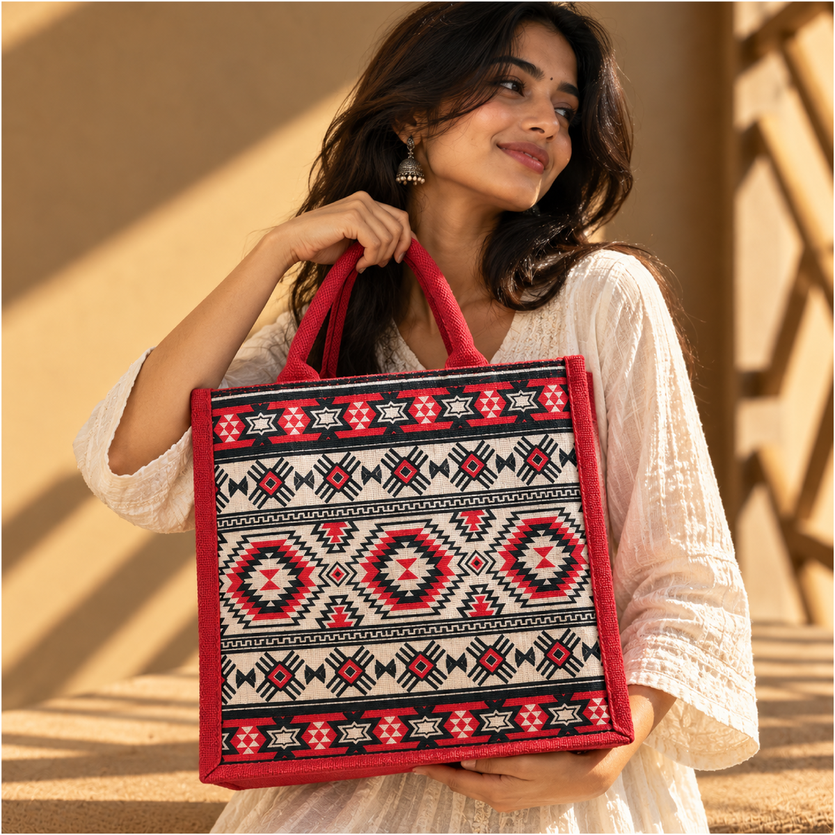 Folk Fusion Zipper Jute Shopping Bag