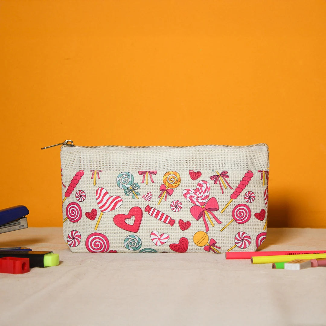 Lollipop print Double zip jute pouch