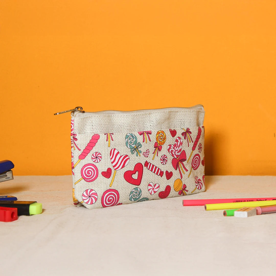 Lollipop print Double zip jute pouch