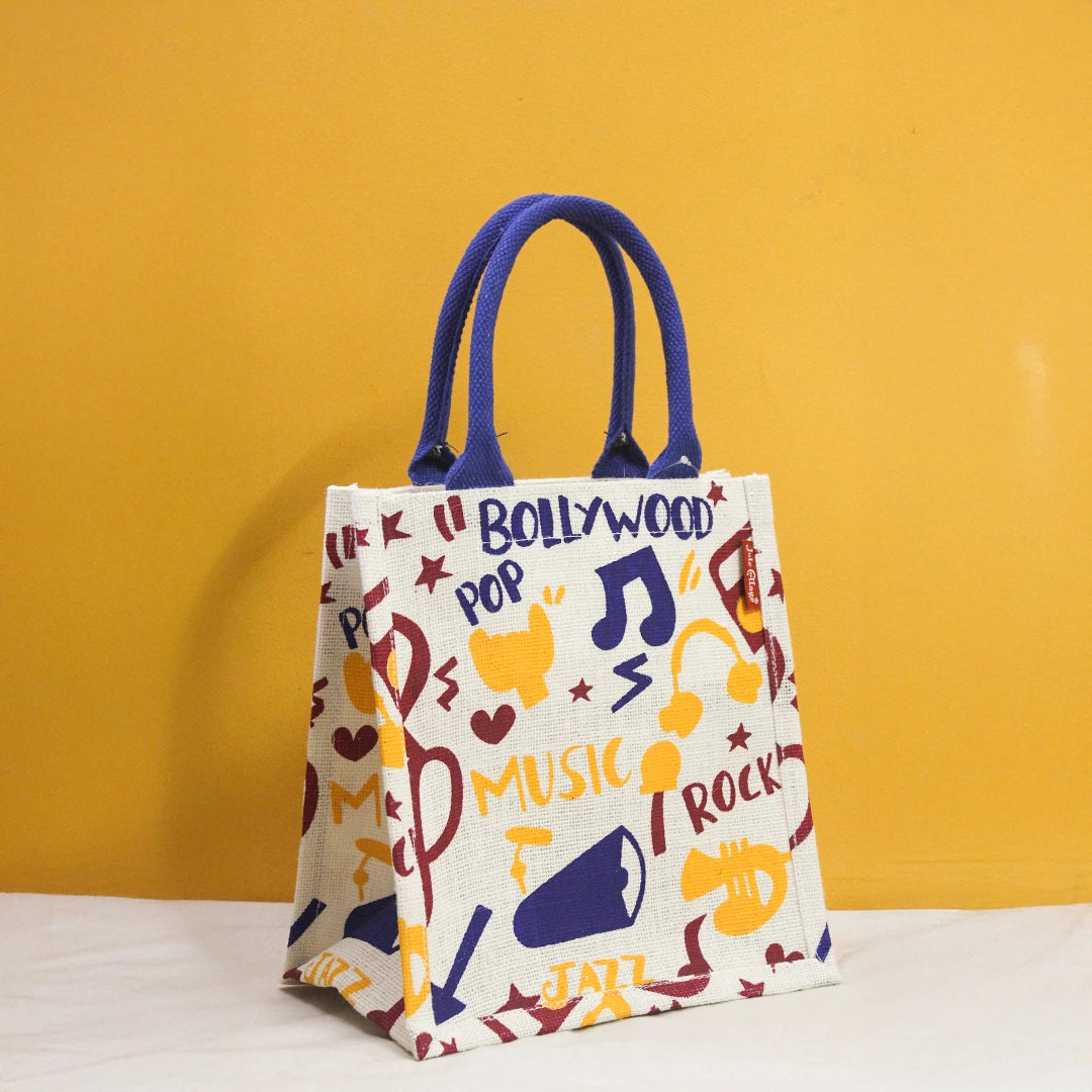 Musical Note print Jute Lunch bag