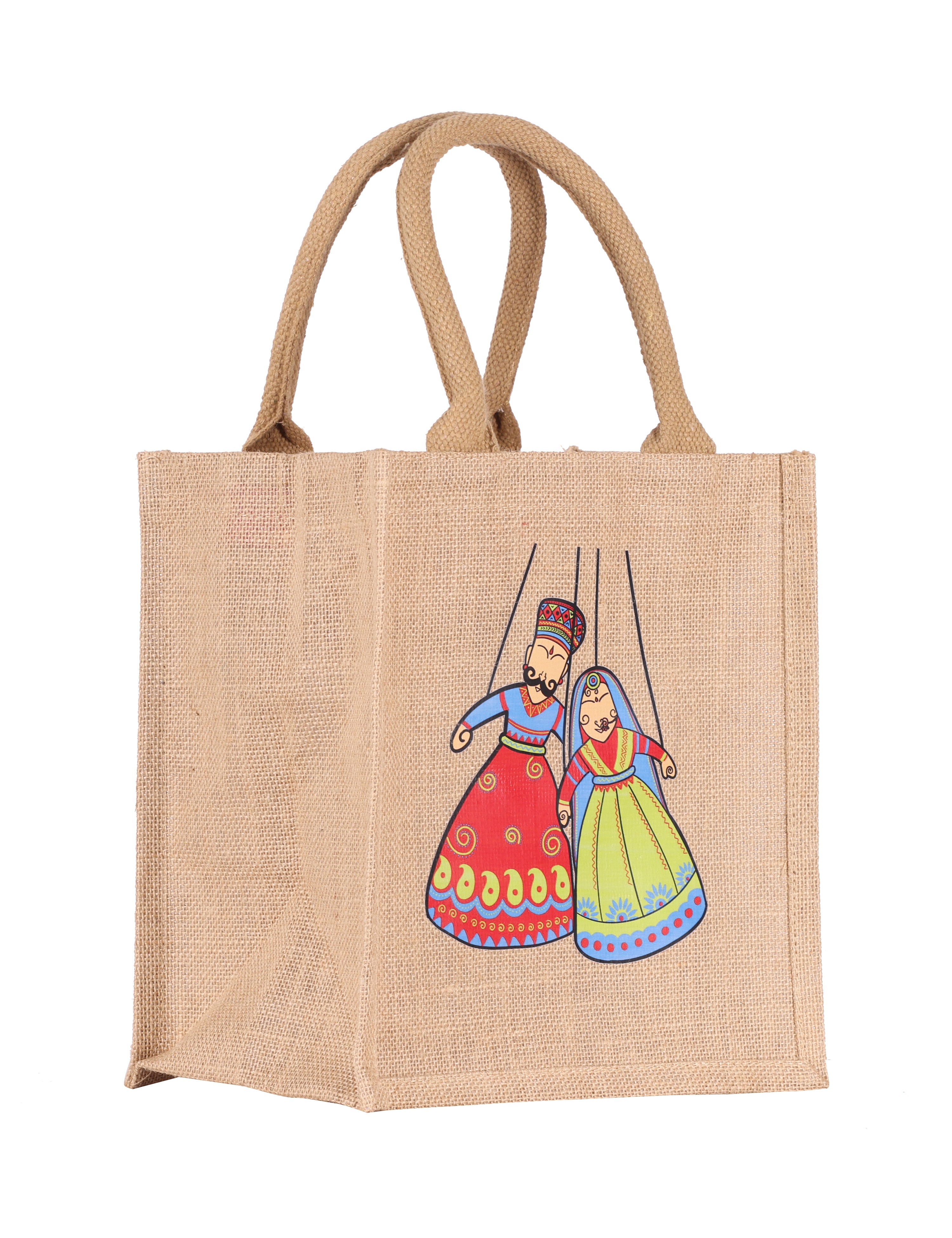 JUTE COTTAGE PUPPET PRINT ZIPPER LUNCH BAG, SUSTAINABLE, ECO-FRIENDLY, 100% GENUINE, STYLISH (NATURAL 11X10X7)