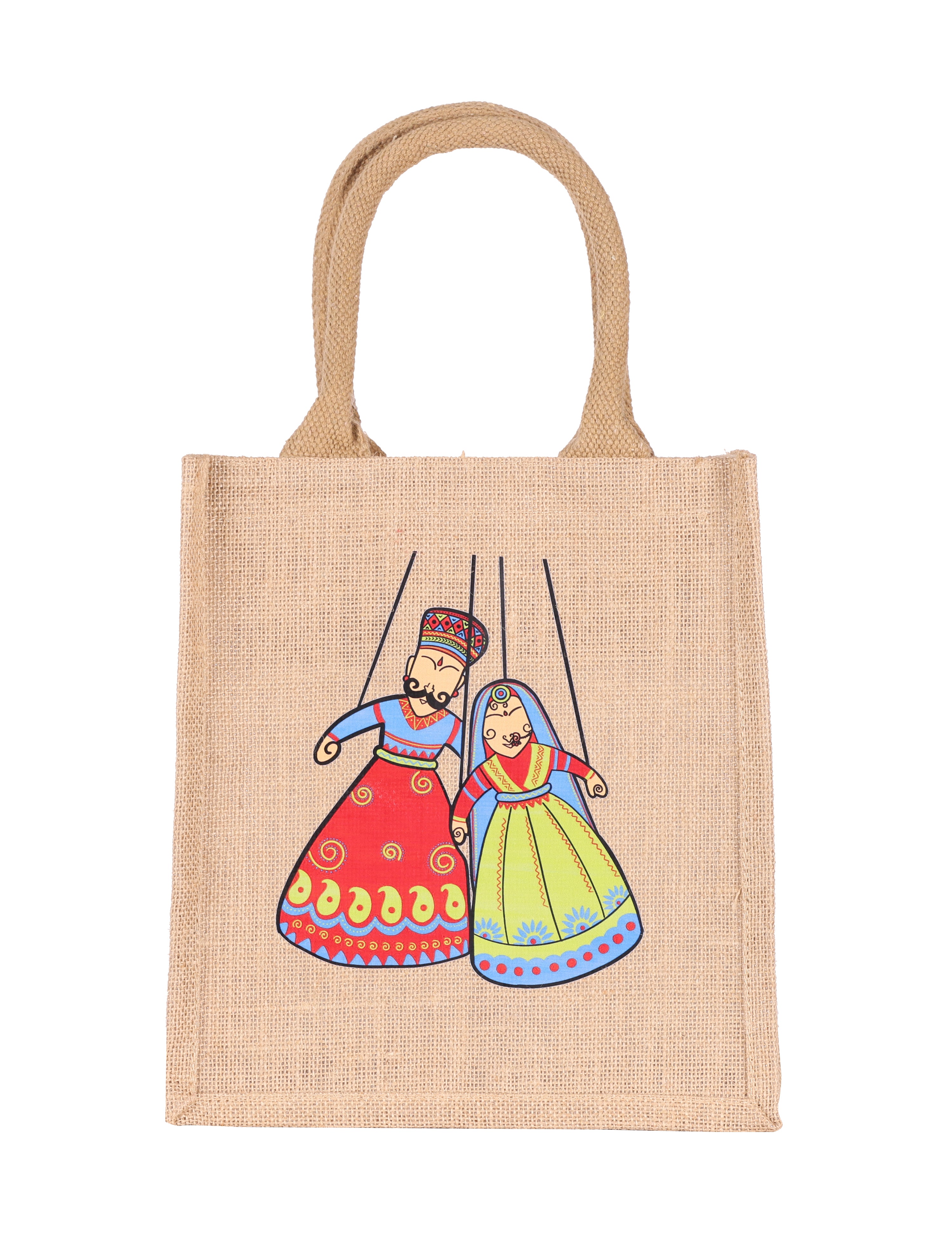 JUTE COTTAGE PUPPET PRINT ZIPPER LUNCH BAG, SUSTAINABLE, ECO-FRIENDLY, 100% GENUINE, STYLISH (NATURAL 11X10X7)