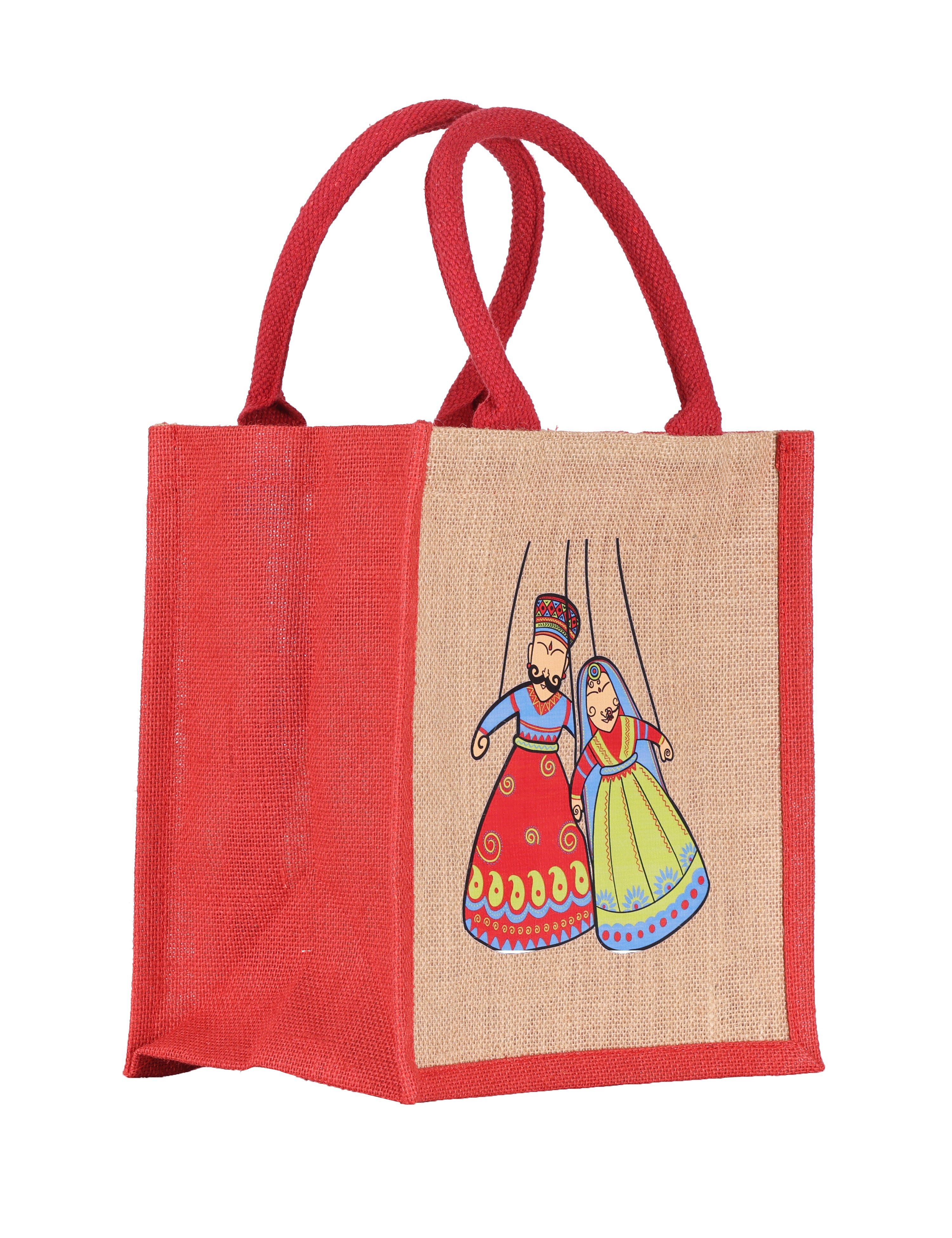 JUTE COTTAGE PUPPET PRINT ZIPPER LUNCH BAG, SUSTAINABLE, ECO-FRIENDLY, 100% GENUINE, STYLISH (NATURAL 11X10X7)