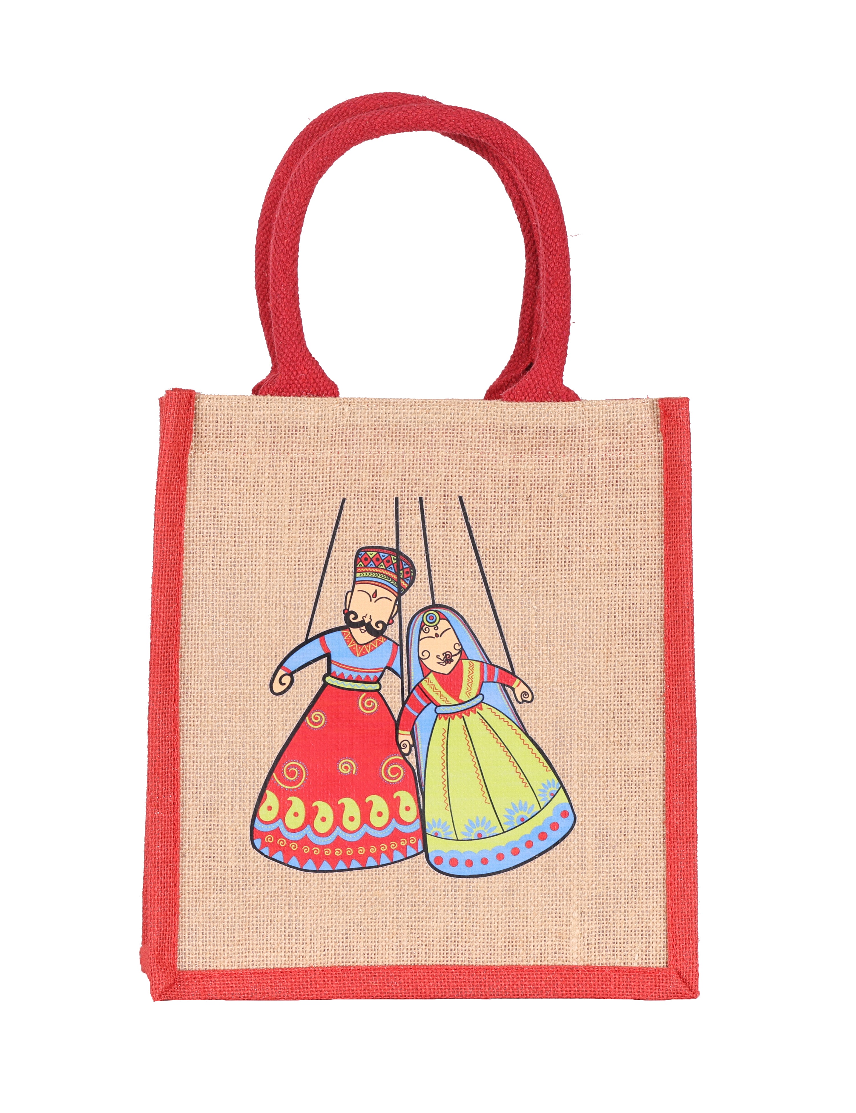 JUTE COTTAGE PUPPET PRINT ZIPPER LUNCH BAG, SUSTAINABLE, ECO-FRIENDLY, 100% GENUINE, STYLISH (RED/NATURAL 11X10X7)