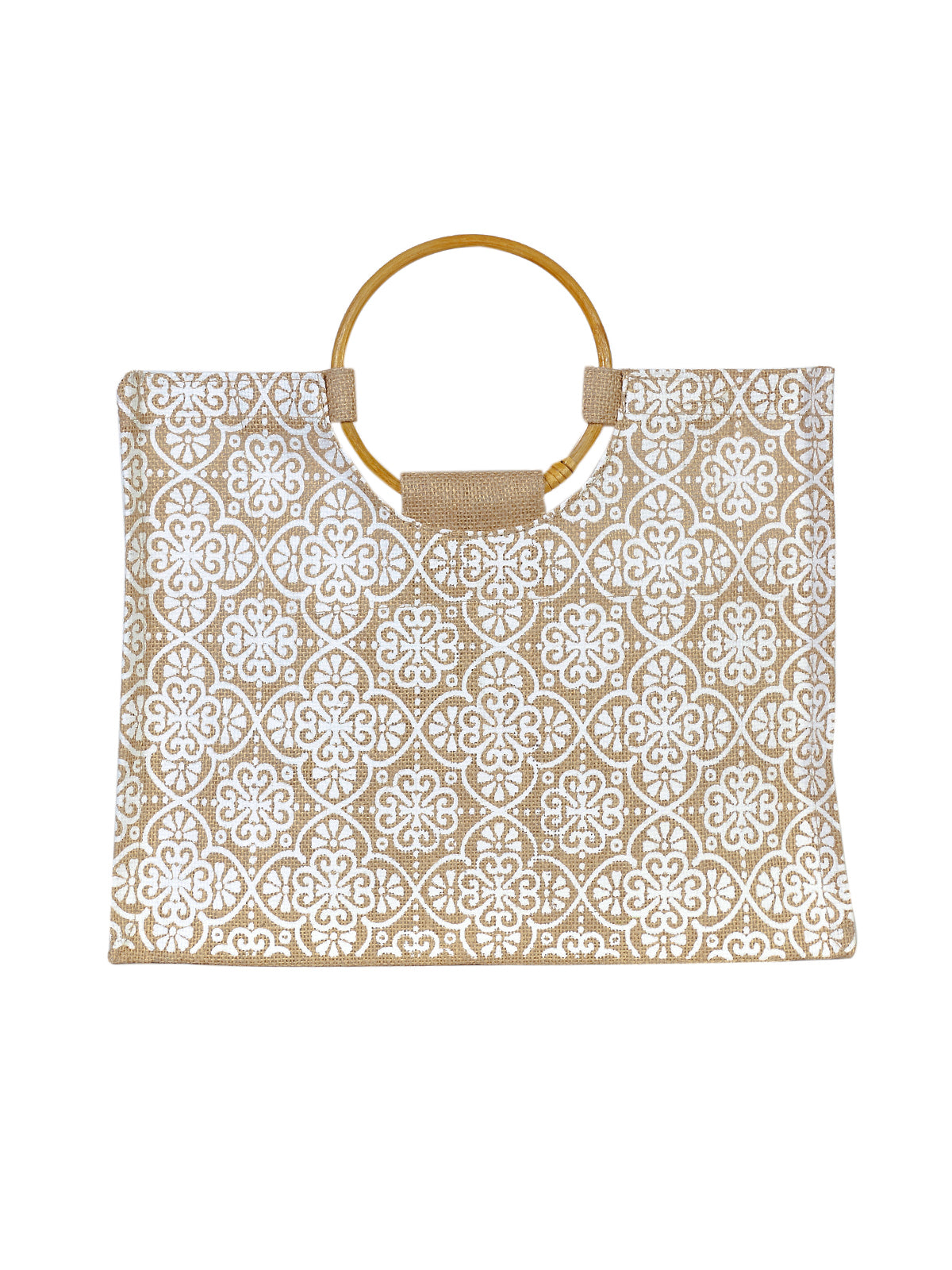 JUTE COTTAGE MUGHAL PRINT LUNCH BAG,  CANE HANDLE, SUSTAINABLE, ECO-FRIENDLY, 100% GENUINE, STYLISH JUTE BAG (NATURAL 11X14X8)