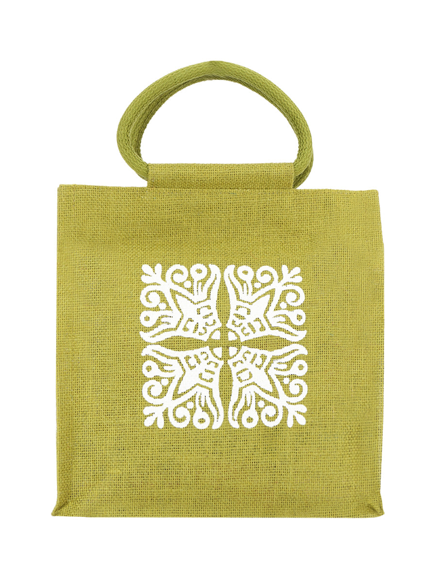 JUTE COTTAGE MOTIF ZIPPER LUNCH BAG, SUSTAINABLE, ECO-FRIENDLY, 100% GENUINE JUTE, STYLISH (OLIVE GREEN 10X10X6)
