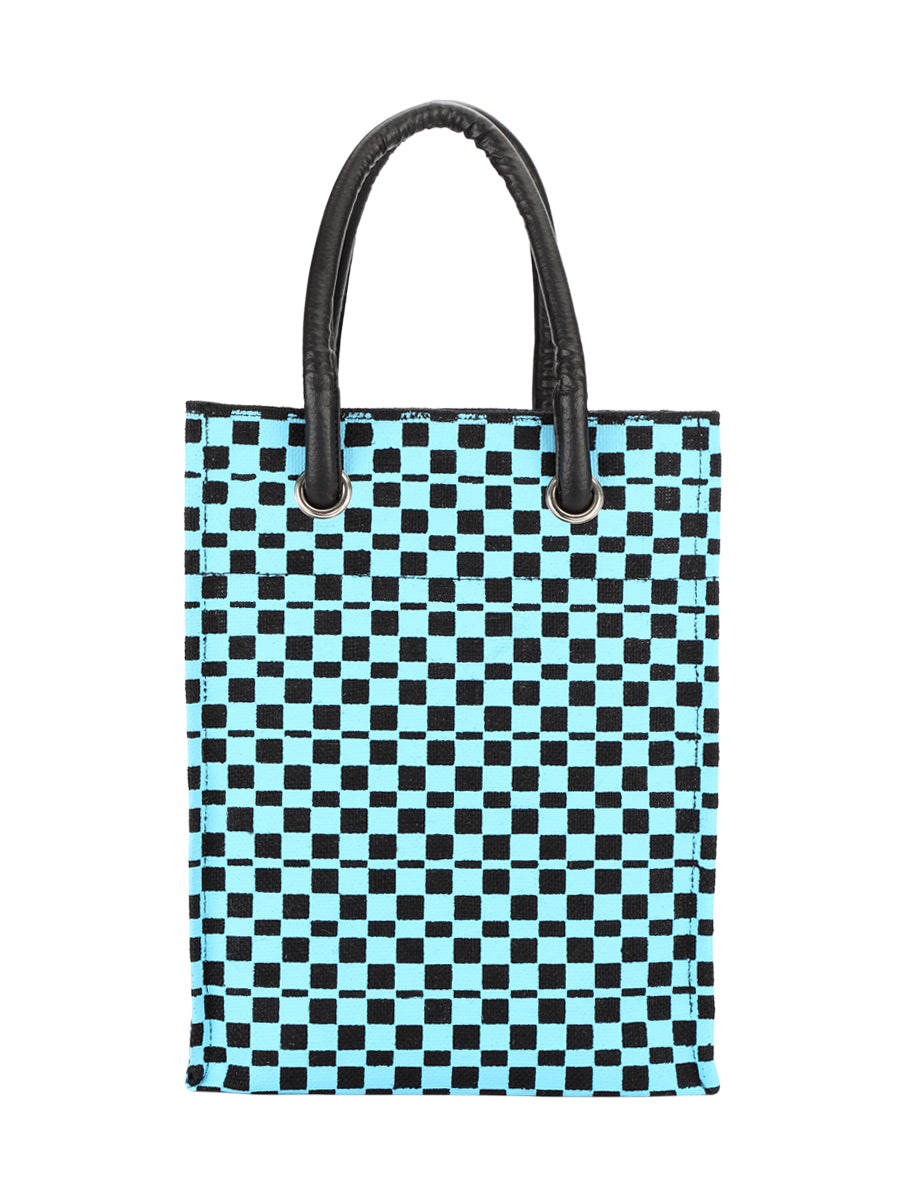 13 X 10 X 8 - CHECK PRINT BIG EYELET LUNCH BAG WITH BOTTOM BOARD (B-044-BLUE/BLACK)