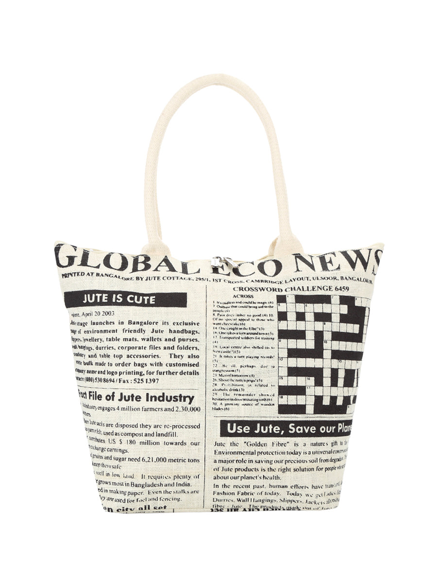 JUTE COTTAGE GLOABAL PRINT ZIPPER BAG, SUSTAINABLE, ECO-FRIENDLY, 100% GENUINE, STYLISH (WHITE 14X18X7)