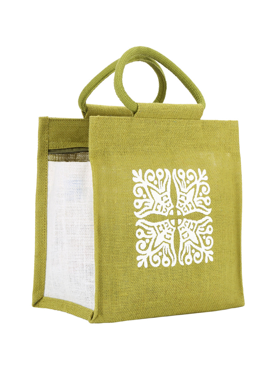 JUTE COTTAGE MOTIF ZIPPER LUNCH BAG, SUSTAINABLE, ECO-FRIENDLY, 100% GENUINE JUTE, STYLISH (OLIVE GREEN 10X10X6)