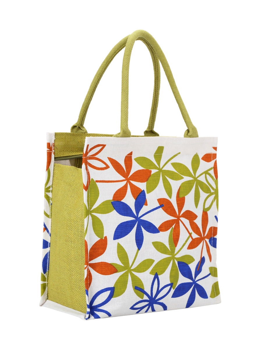 JUTE COTTAGE JUCO PRINTED ZIPPER LUNCH BAG, SUSTAINABLE, ECO-FRIENDLY, 100% GENUINE JUTE, STYLISH (GREEN 12X12X7)