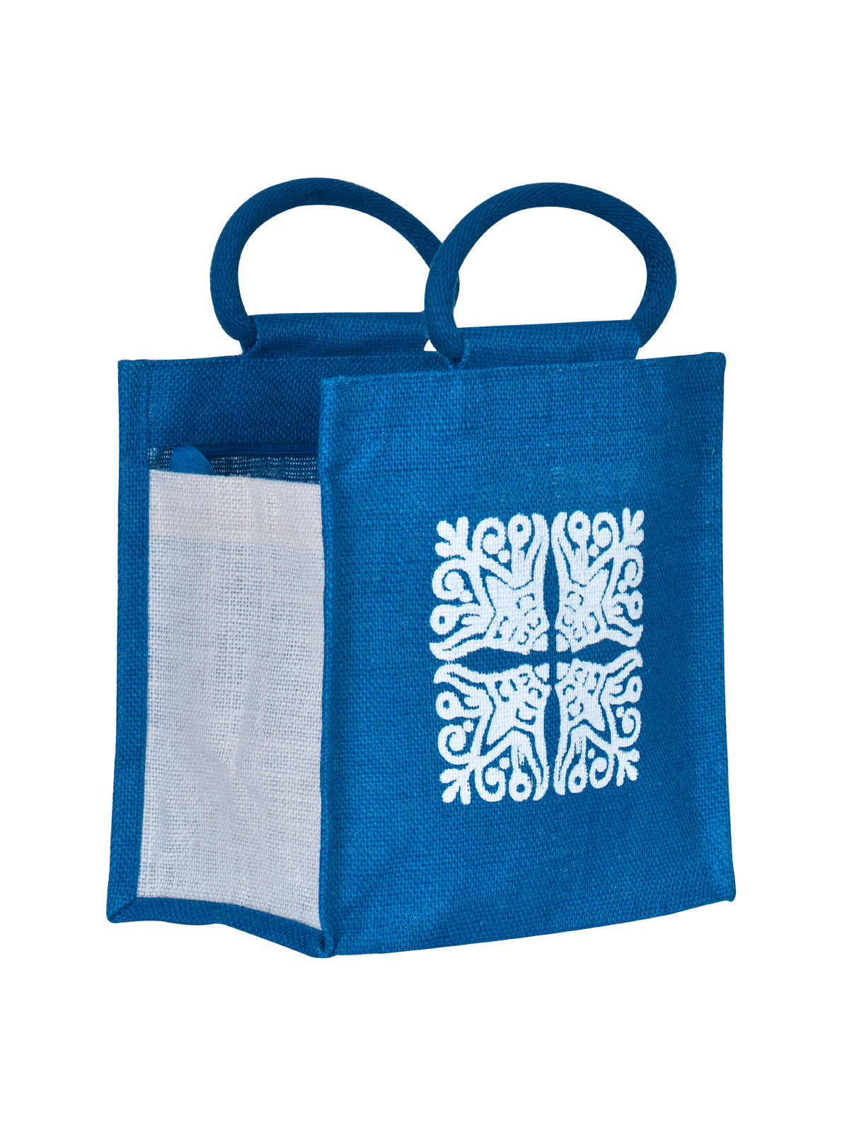 JUTE COTTAGE MOTIF ZIPPER LUNCH BAG, SUSTAINABLE, ECO-FRIENDLY, 100% GENUINE JUTE, STYLISH (BLUE 10X10X6)