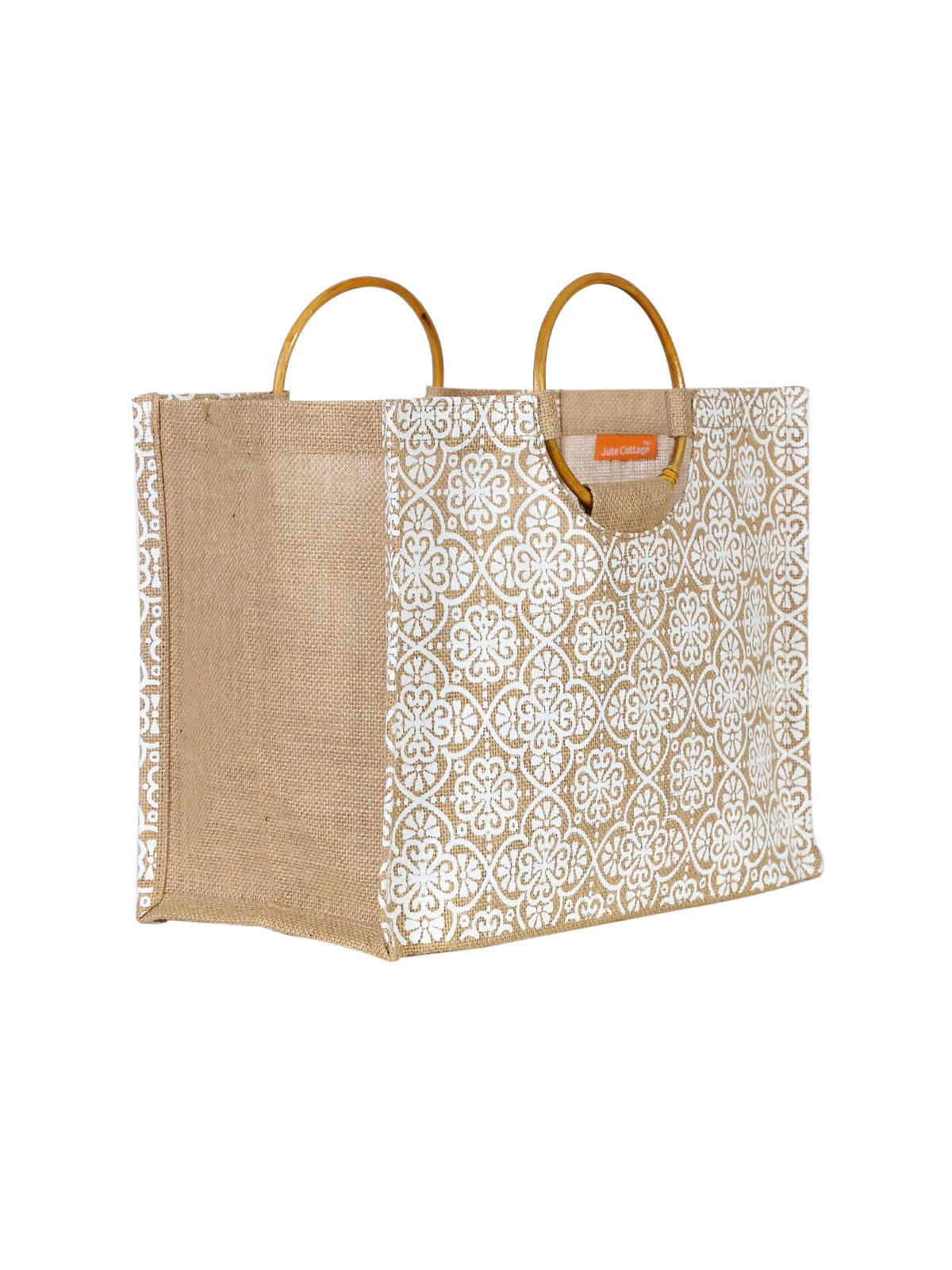 JUTE COTTAGE MUGHAL PRINT LUNCH BAG,  CANE HANDLE, SUSTAINABLE, ECO-FRIENDLY, 100% GENUINE, STYLISH JUTE BAG (NATURAL 11X14X8)