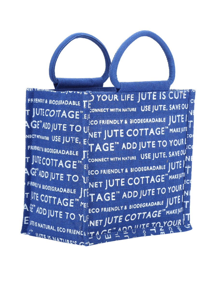10 X 10 X 7 - JUTE COTTAGE PRINT LUNCH BAG (B-053-BRIGHT BLUE)