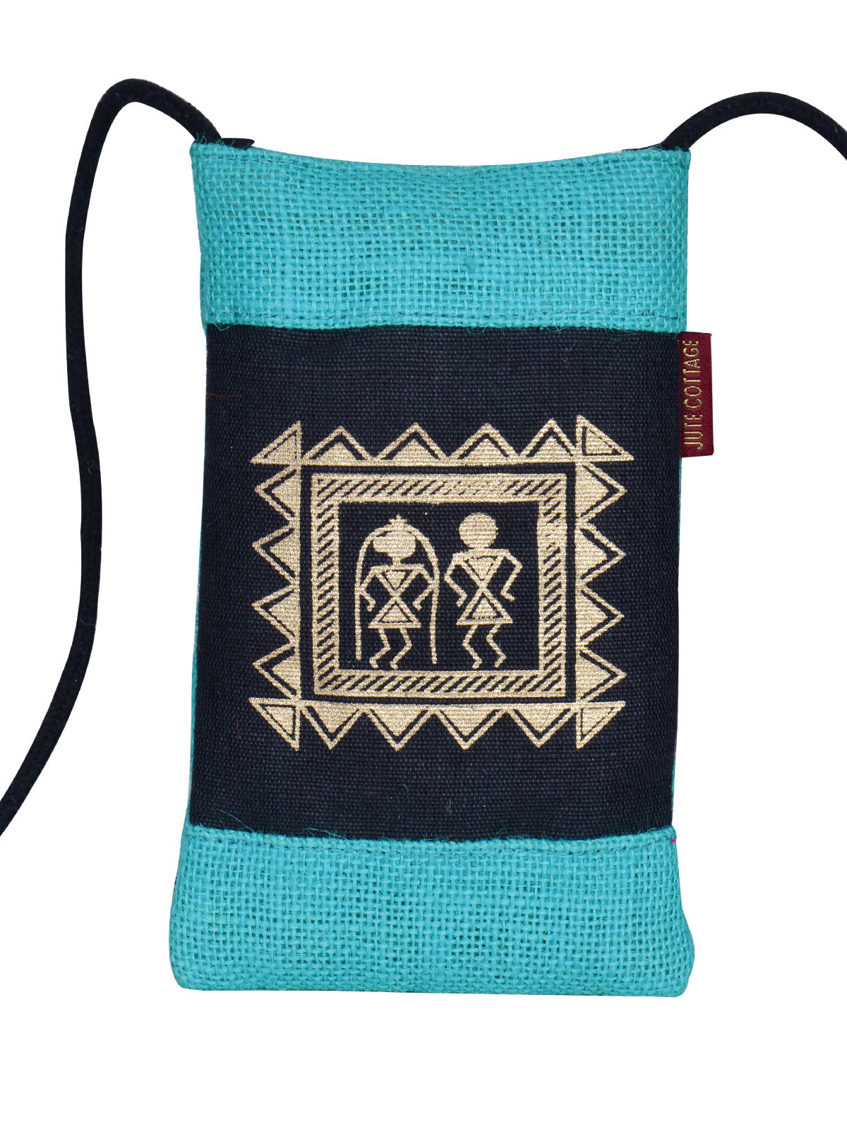 JUTE COTTAGE MOBILE SLING BAG WARLI PRINT, SUSTAINABLE, ECO-FRIENDLY, STYLISH, 100% GENUINE JUTE (TURQUOISE BLUE 7.5X4.5)