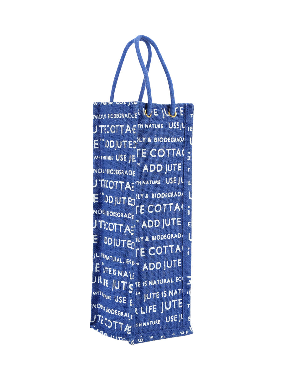 BOTTLE BAG JUTE COTTAGE PRINTED (B-062-BRIGHT BLUE)