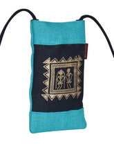Load image into Gallery viewer, MOBILE JUTE WARLI PRINT (A-088-TURQUOISE BLUE)
