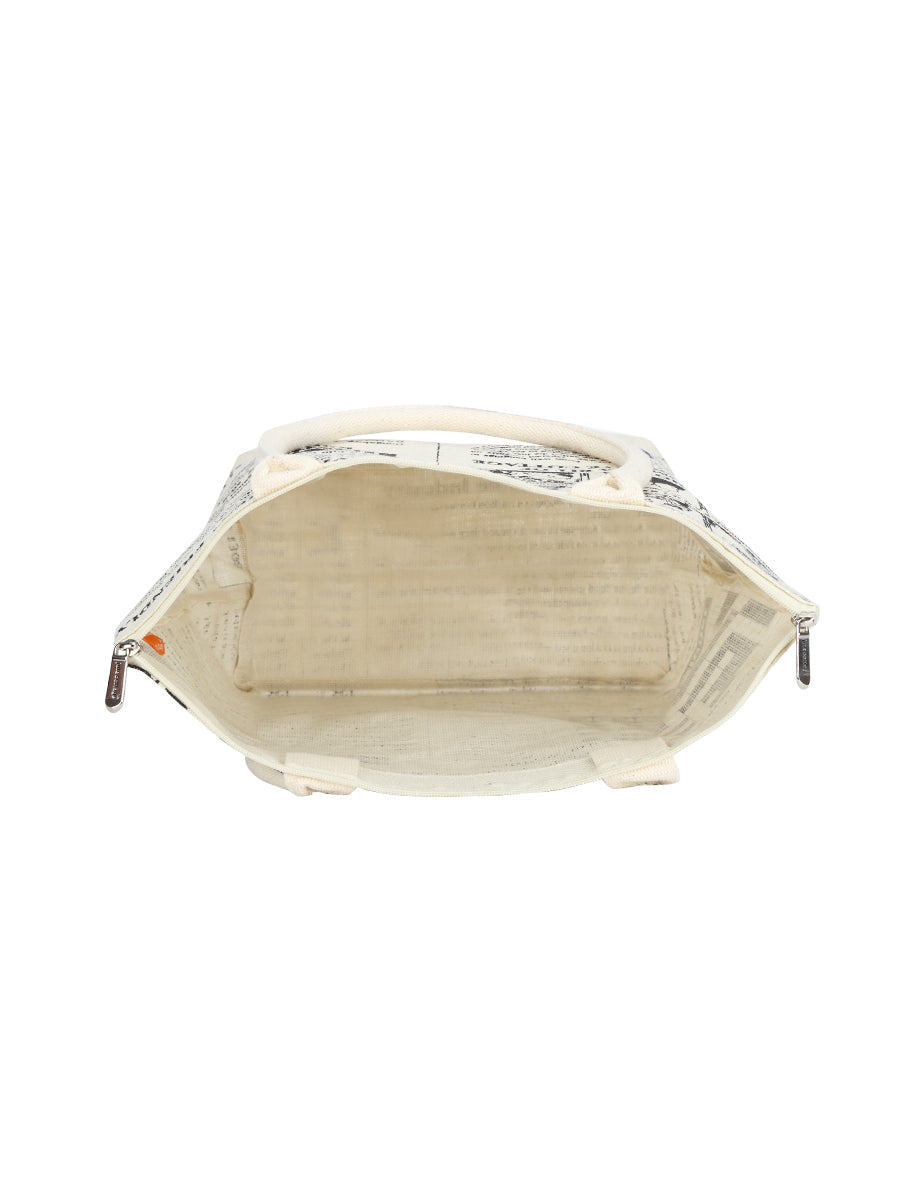 JUTE COTTAGE GLOABAL PRINT ZIPPER BAG, SUSTAINABLE, ECO-FRIENDLY, 100% GENUINE, STYLISH (WHITE 14X18X7)