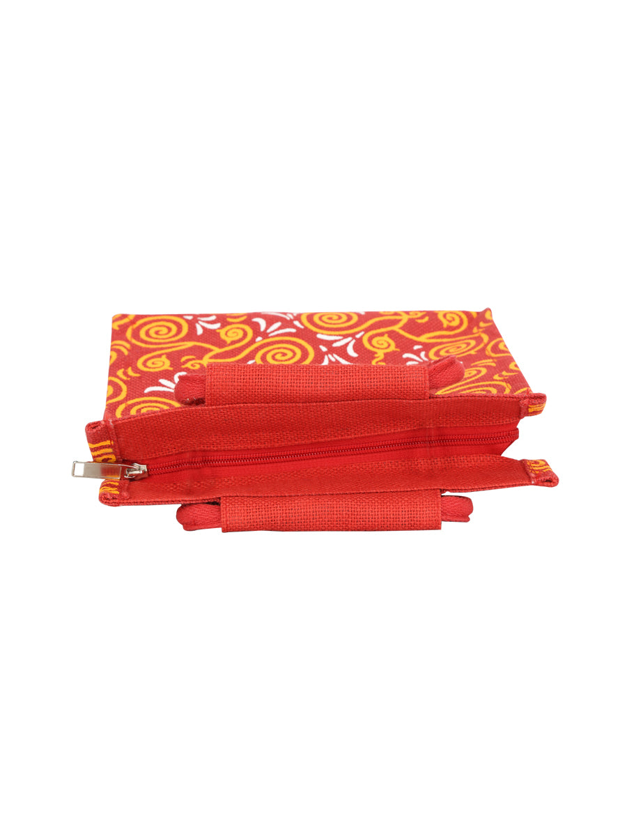 JUTE COTTAGE ALL OVER NEW PRINT 2 COLOUR ZIPPER LUNCH BAG, SUSTAINABLE, ECO-FRIENDLY, 100% GENUINE, STYLISH JUTE BAG (RED 10X10X6)