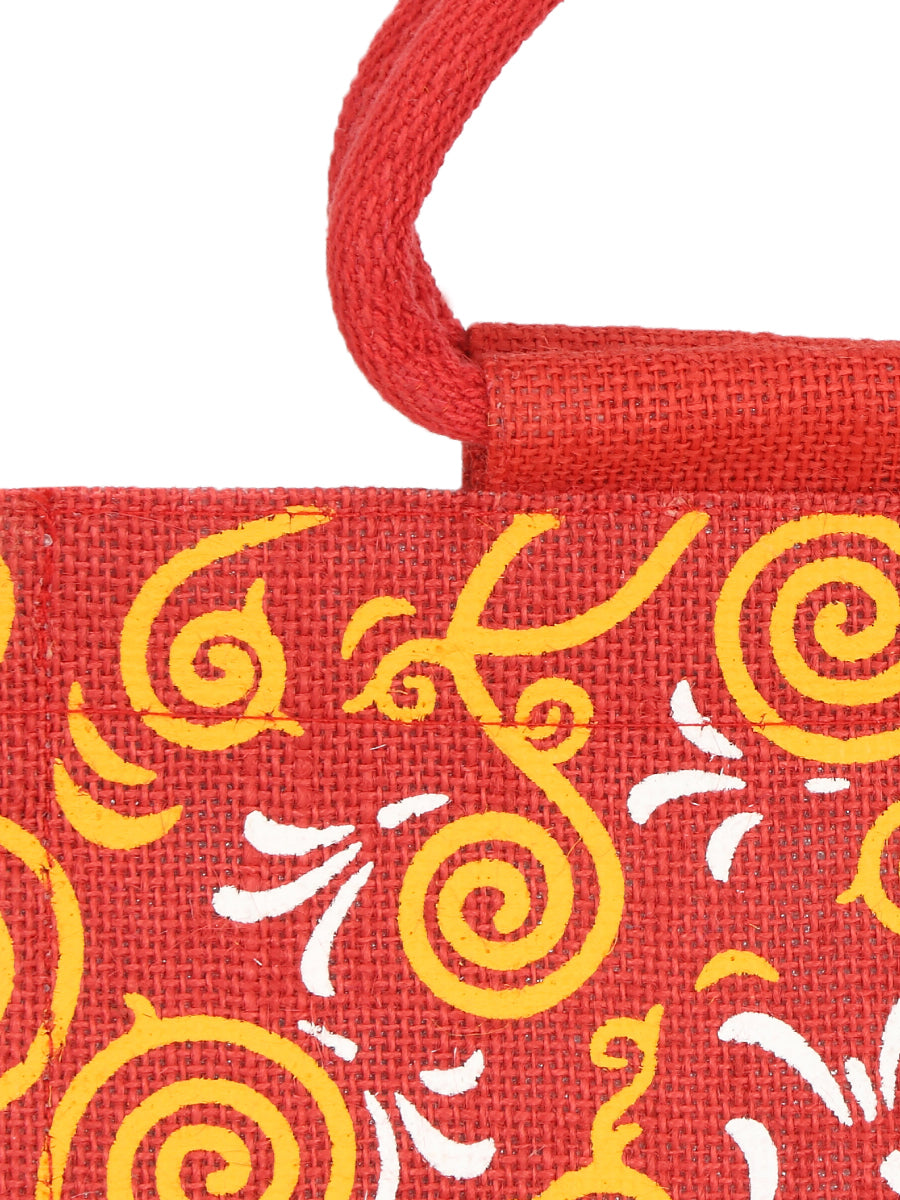 JUTE COTTAGE ALL OVER NEW PRINT 2 COLOUR ZIPPER LUNCH BAG, SUSTAINABLE, ECO-FRIENDLY, 100% GENUINE, STYLISH JUTE BAG (RED 10X10X6)
