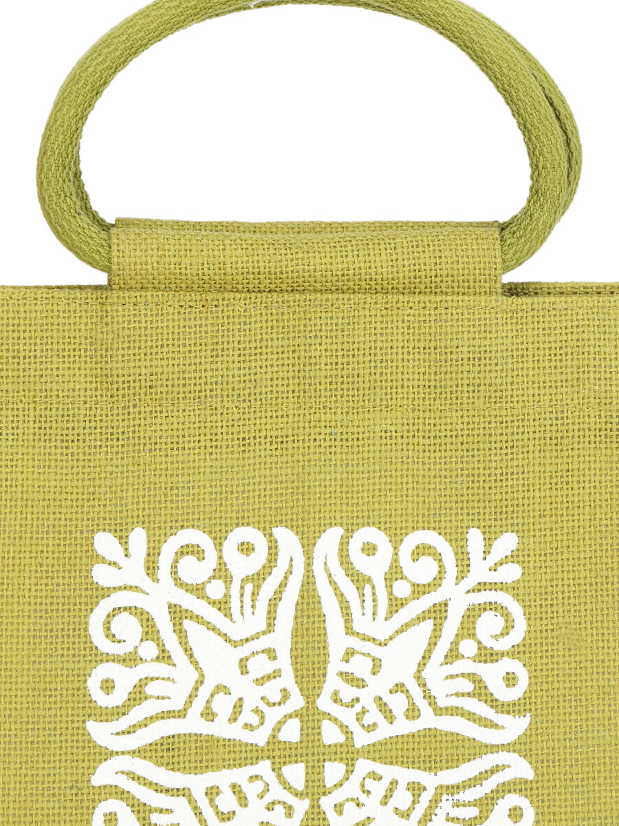 JUTE COTTAGE MOTIF ZIPPER LUNCH BAG, SUSTAINABLE, ECO-FRIENDLY, 100% GENUINE JUTE, STYLISH (OLIVE GREEN 10X10X6)