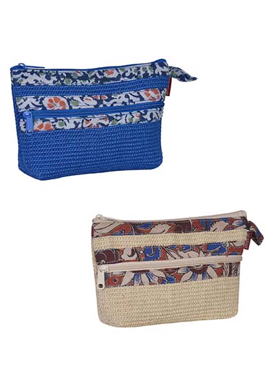 Combo of DOBBY KALAMKARI POUCH 2 ZIP (A-115-BLUE) and DOBBY KALAMKARI POUCH 2 ZIP (A-115-NATURAL)