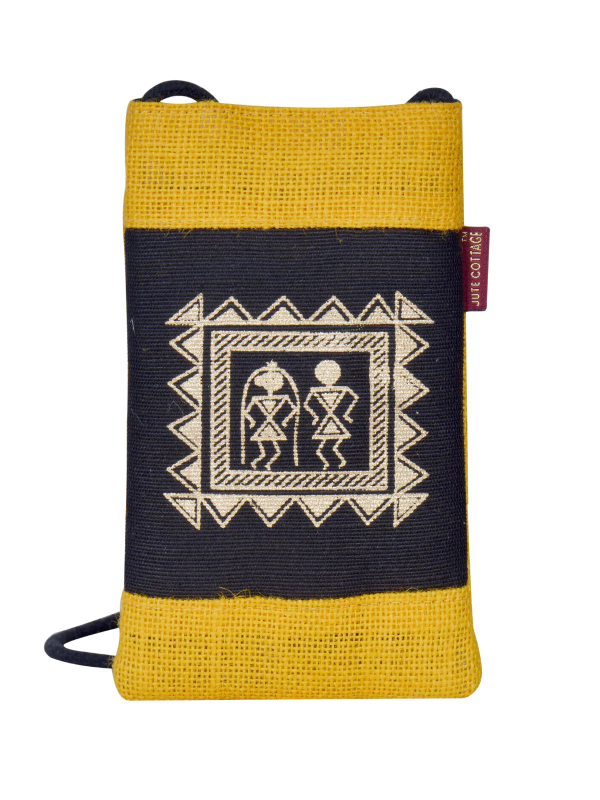 JUTE COTTAGE MOBILE SLING BAG WARLI PRINT, SUSTAINABLE, ECO-FRIENDLY, STYLISH, 100% GENUINE JUTE (ORANGE 7.5X4.5)