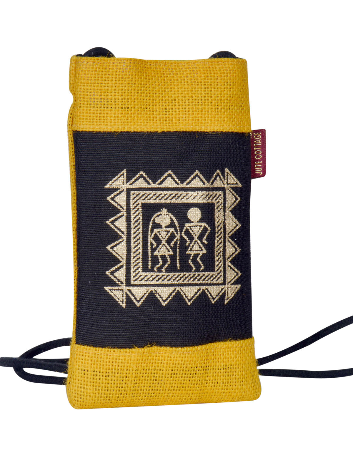 JUTE COTTAGE MOBILE SLING BAG WARLI PRINT, SUSTAINABLE, ECO-FRIENDLY, STYLISH, 100% GENUINE JUTE (YELLOW 7.5X4.5)