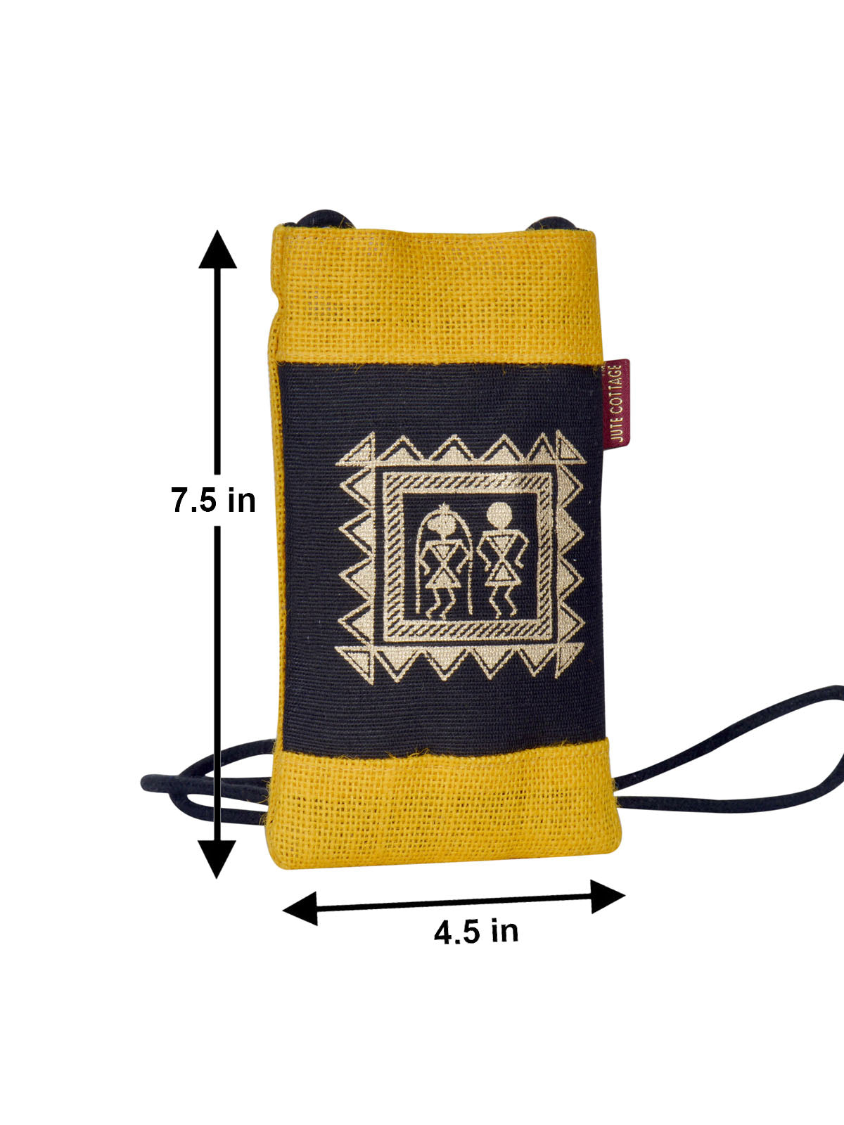 JUTE COTTAGE MOBILE SLING BAG WARLI PRINT, SUSTAINABLE, ECO-FRIENDLY, STYLISH, 100% GENUINE JUTE (YELLOW 7.5X4.5)
