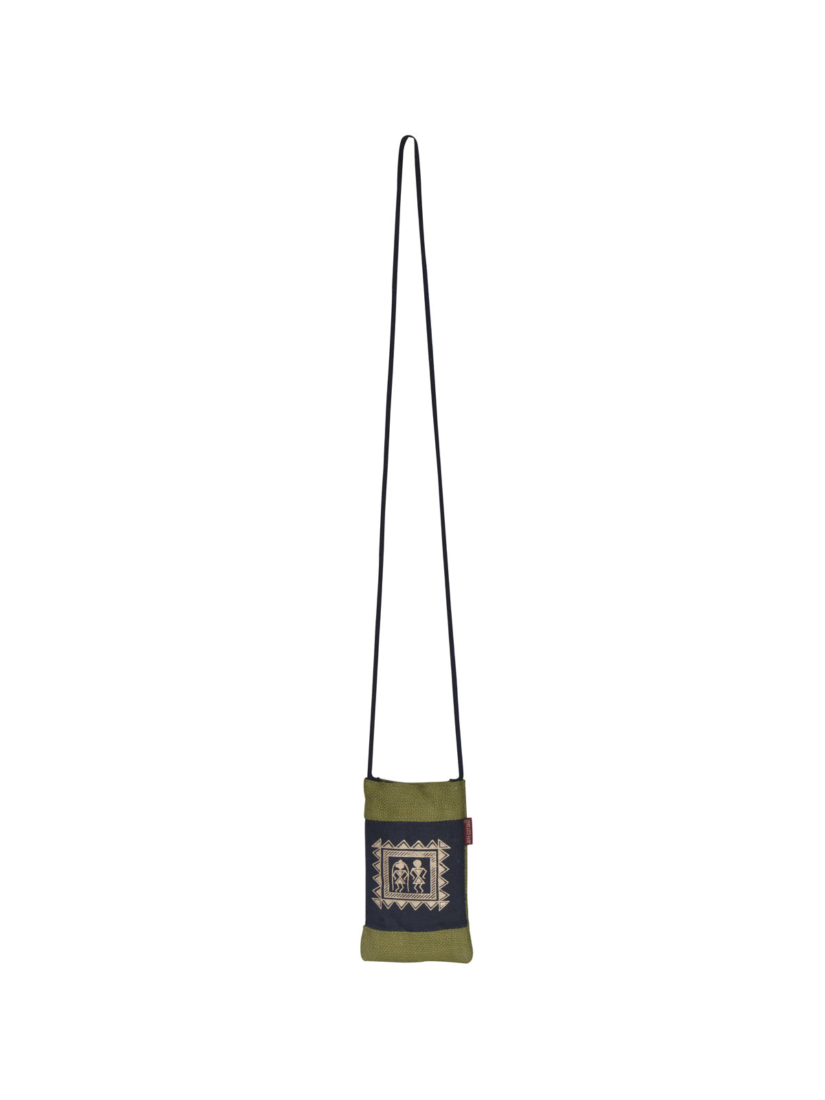 JUTE COTTAGE MOBILE SLING BAG WARLI PRINT, SUSTAINABLE, ECO-FRIENDLY, STYLISH, 100% GENUINE JUTE (GREEN 7.5X4.5)