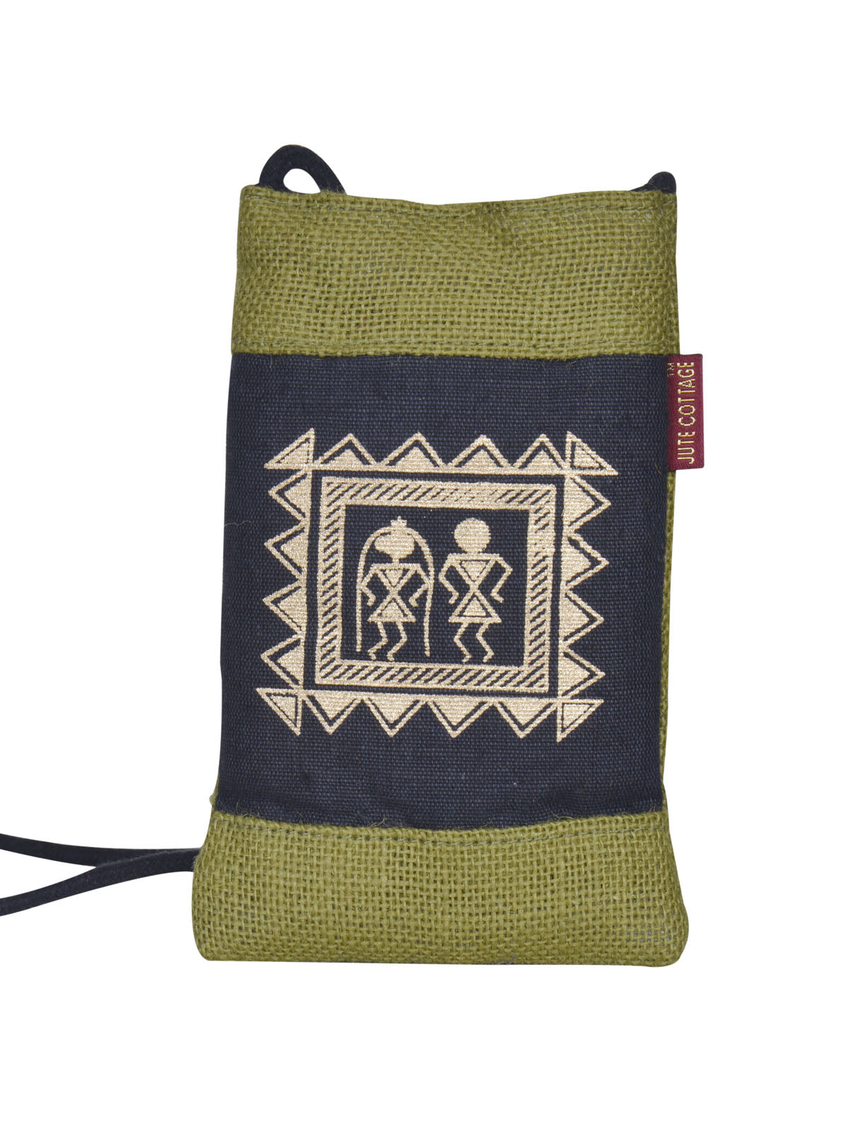 JUTE COTTAGE MOBILE SLING BAG WARLI PRINT, SUSTAINABLE, ECO-FRIENDLY, STYLISH, 100% GENUINE JUTE (GREEN 7.5X4.5)