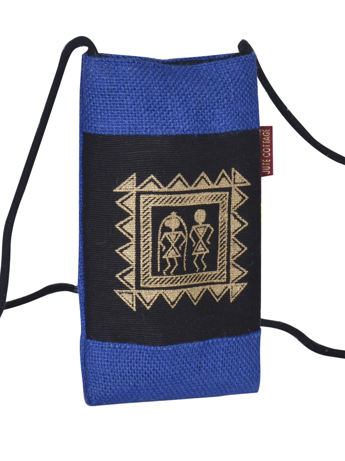 JUTE COTTAGE MOBILE SLING BAG WARLI PRINT, SUSTAINABLE, ECO-FRIENDLY, STYLISH, 100% GENUINE JUTE (NAVY BLUE 7.5X4.5)