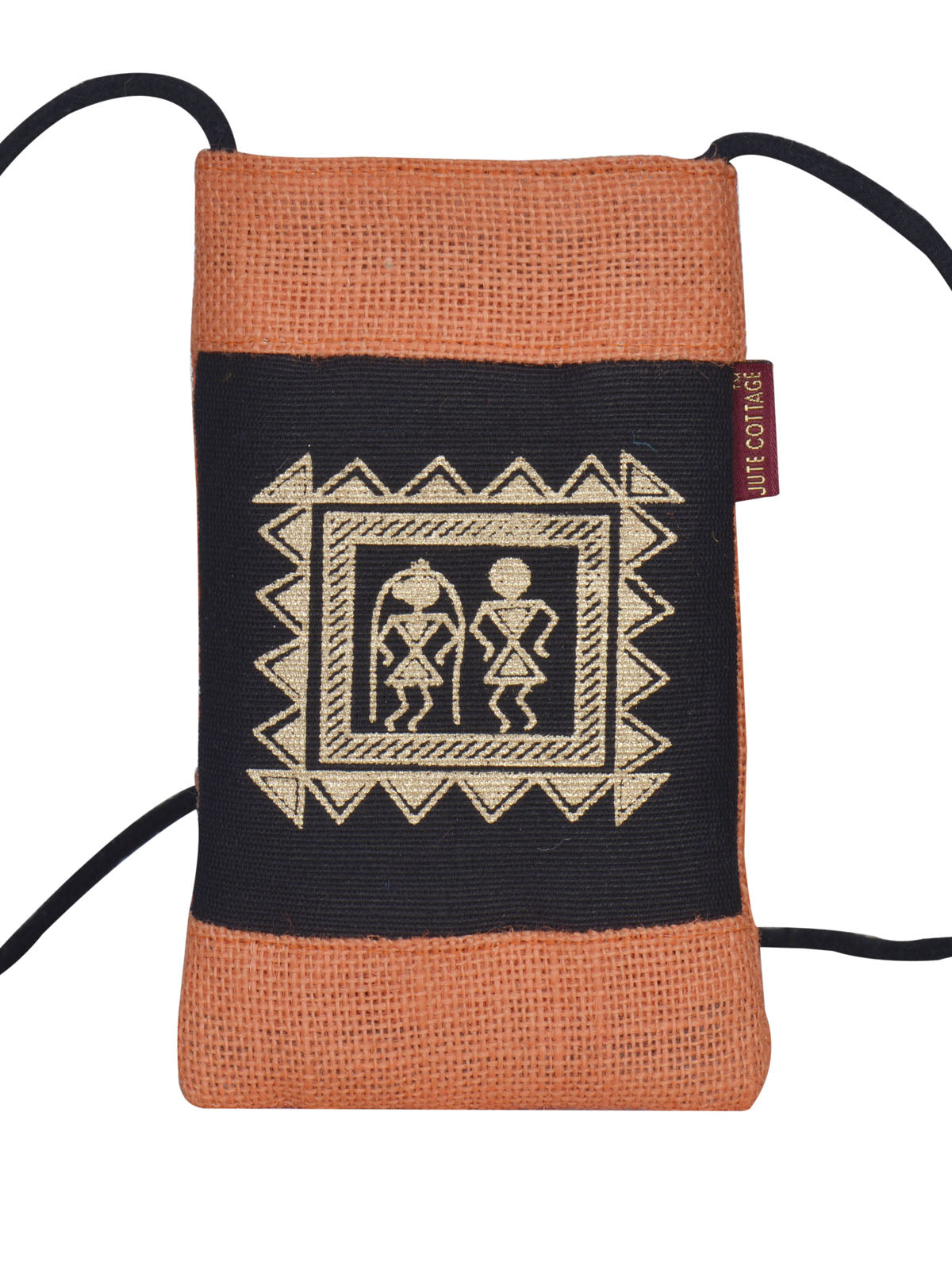 JUTE COTTAGE MOBILE SLING BAG WARLI PRINT, SUSTAINABLE, ECO-FRIENDLY, STYLISH, 100% GENUINE JUTE (ORANGE 7.5X4.5)