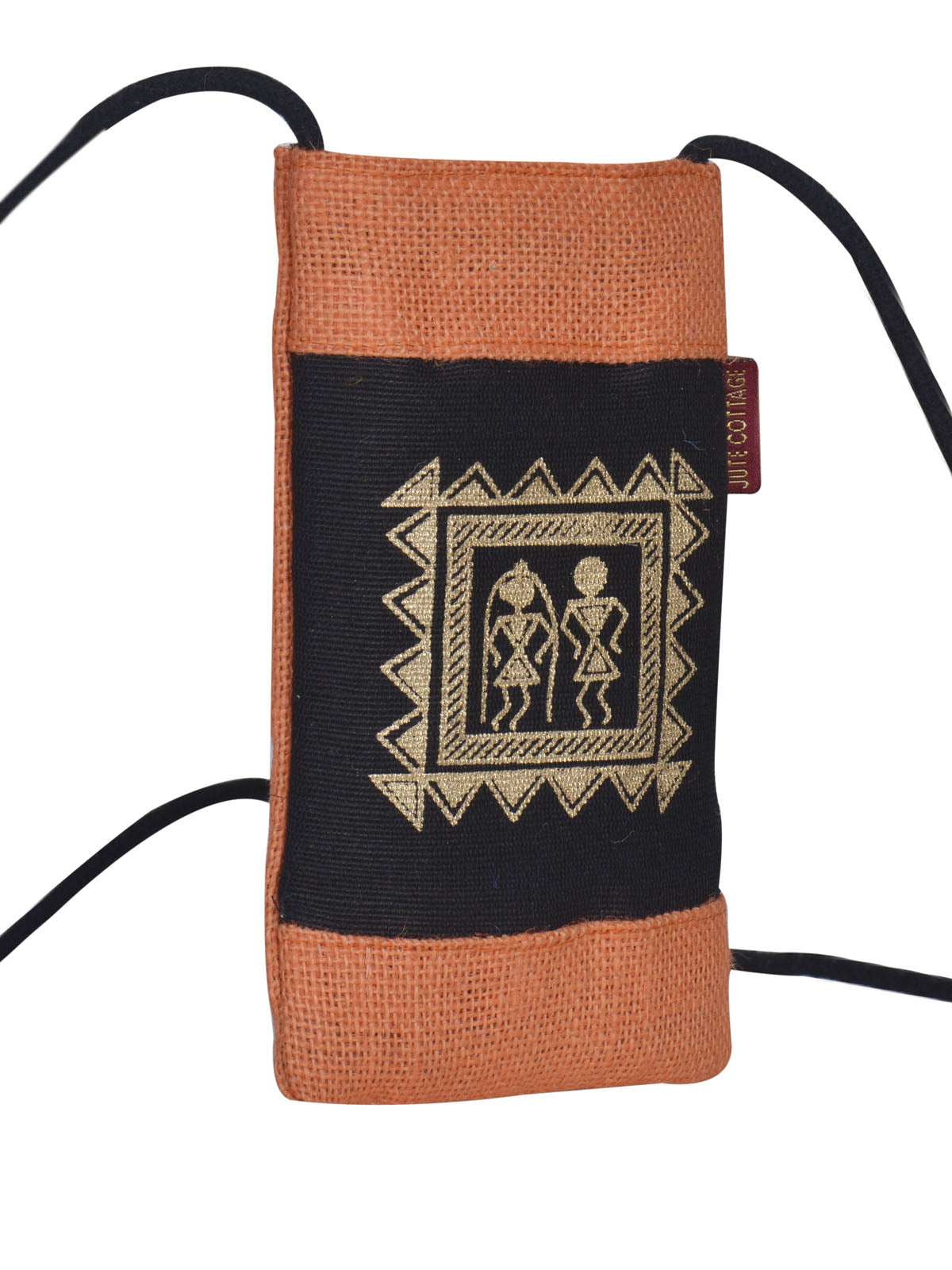 JUTE COTTAGE MOBILE SLING BAG WARLI PRINT, SUSTAINABLE, ECO-FRIENDLY, STYLISH, 100% GENUINE JUTE (ORANGE 7.5X4.5)