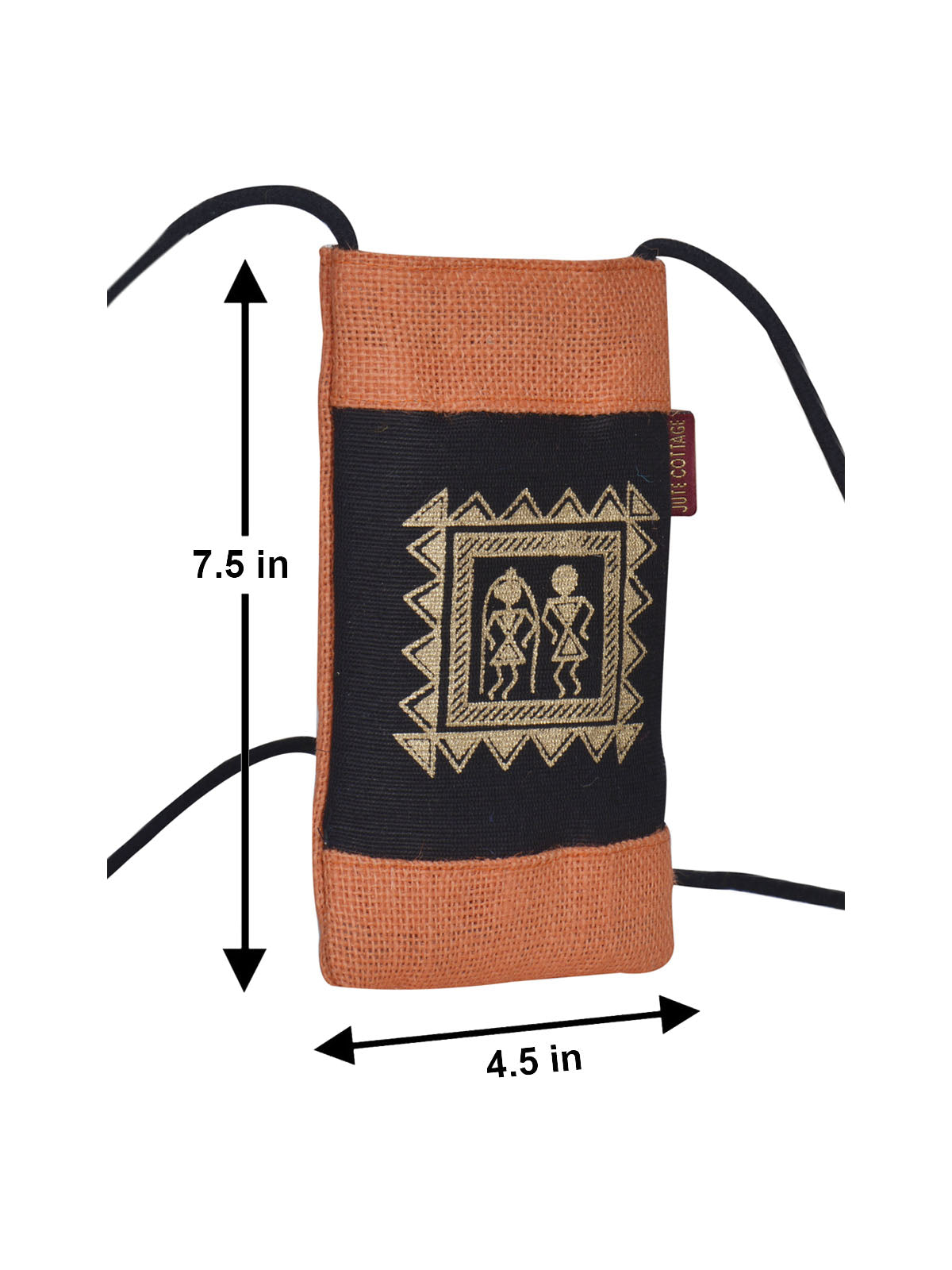 JUTE COTTAGE MOBILE SLING BAG WARLI PRINT, SUSTAINABLE, ECO-FRIENDLY, STYLISH, 100% GENUINE JUTE (ORANGE 7.5X4.5)
