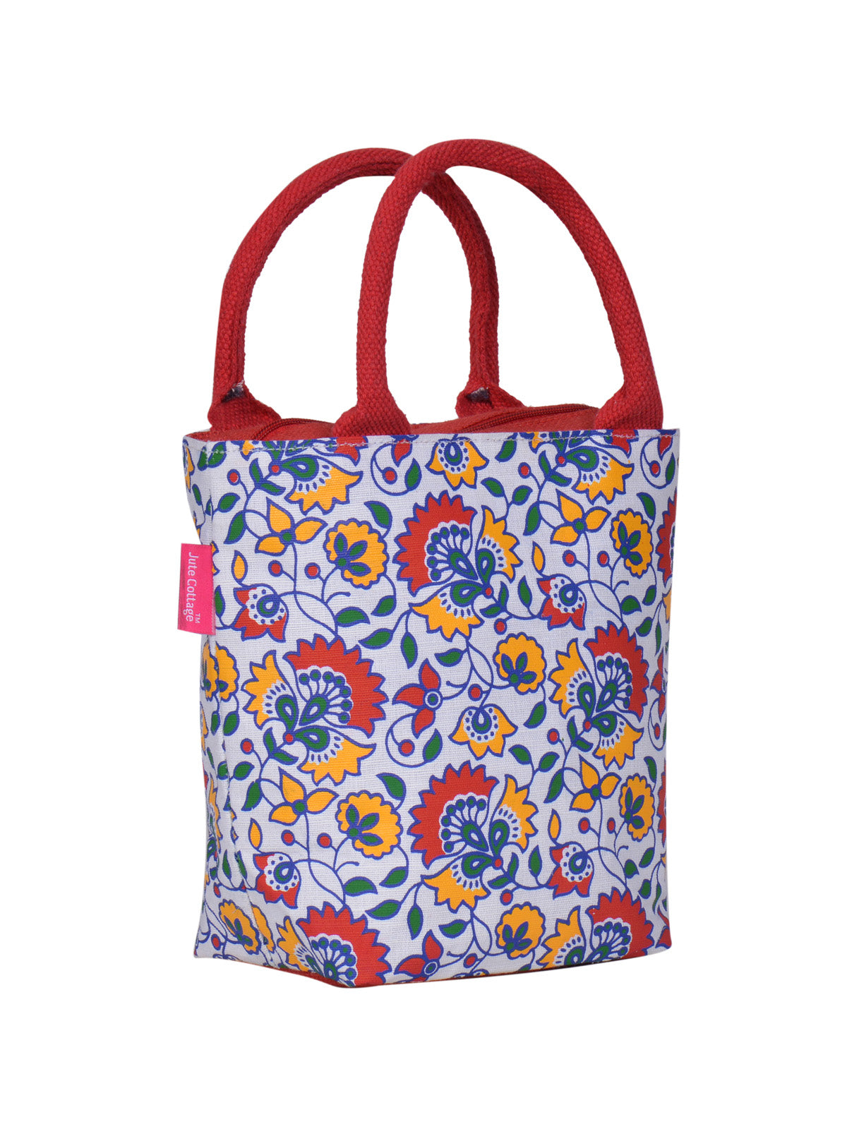 JUTE COTTAGE FLORAL PRINT JUCO ZIPPER LUNCH BAG, SUSTAINABLE, ECO-FRIENDLY, 100% GENUINE, STYLISH (YELLOW 9.5X12X4)