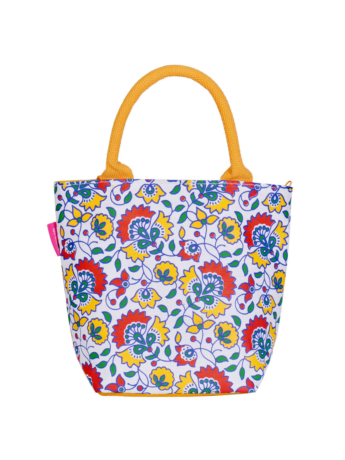 JUTE COTTAGE FLORAL PRINT JUCO ZIPPER LUNCH BAG, SUSTAINABLE, ECO-FRIENDLY, 100% GENUINE, STYLISH (YELLOW 9.5X12X4)