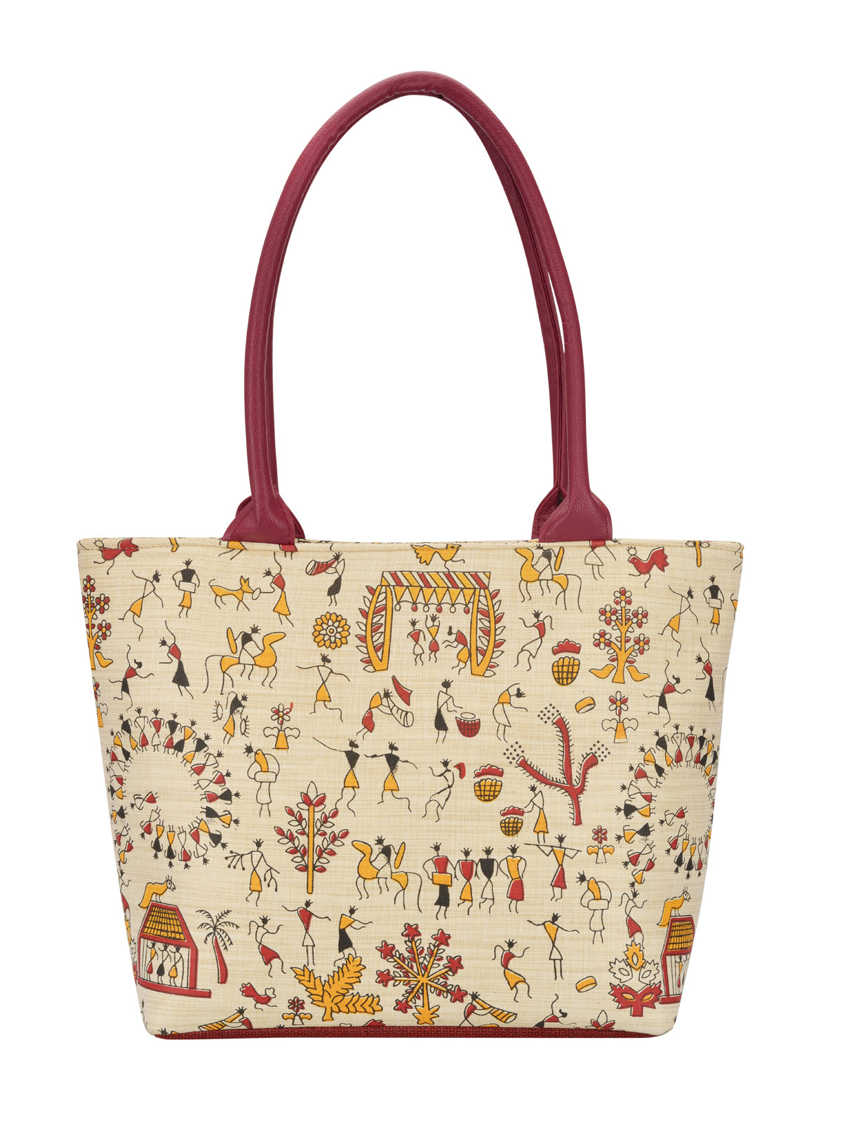 Warli Handbag with maroon handles