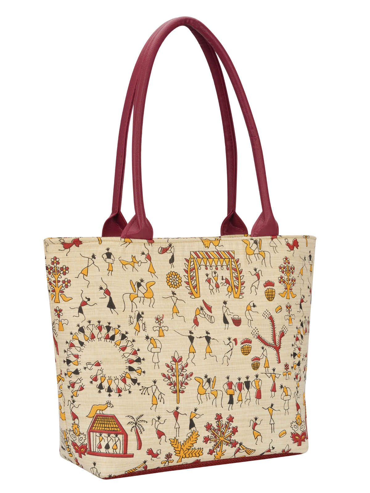 Warli Handbag with maroon handles