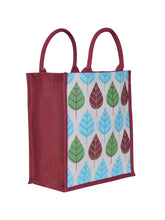 Load image into Gallery viewer, 13 X 11 X 7 - FRONT POCKET LEAF PRINT LUNCH BAG (B-166-MAROON/NATURAL)
