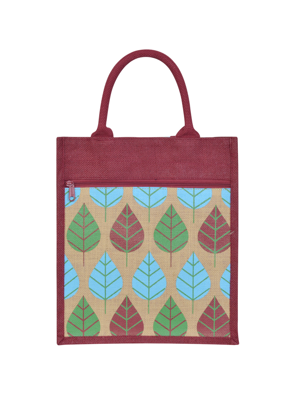 13 X 11 X 7 - FRONT POCKET LEAF PRINT LUNCH BAG (B-166-MAROON/NATURAL)