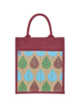 Load image into Gallery viewer, 13 X 11 X 7 - FRONT POCKET LEAF PRINT LUNCH BAG (B-166-MAROON/NATURAL)
