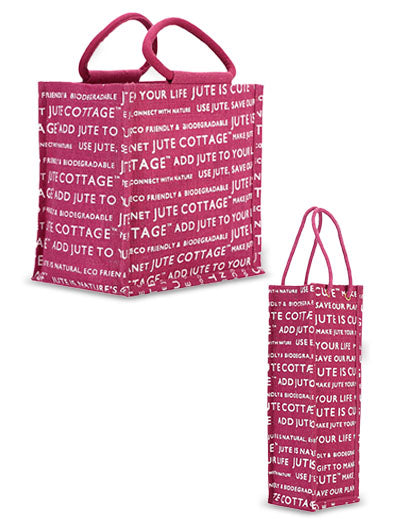 Combo of 10 X 10 JUTE COTTAGE PRINT LUNCH BAG (B-053-MAGENTA) and BOTTLE BAG JUTE COTTAGE PRINTED (B-062-MAGENTA)