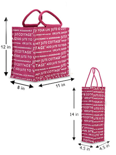 Combo of 10 X 10 JUTE COTTAGE PRINT LUNCH BAG (B-053-MAGENTA) and BOTTLE BAG JUTE COTTAGE PRINTED (B-062-MAGENTA)