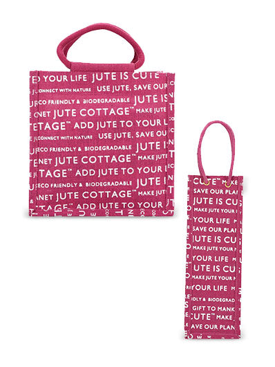Combo of 13 X 11 JUTE COTTAGE PRINTED ZIPPER (B-038-PINK) and BOTTLE BAG JUTE COTTAGE PRINTED (B-062-MAGENTA)