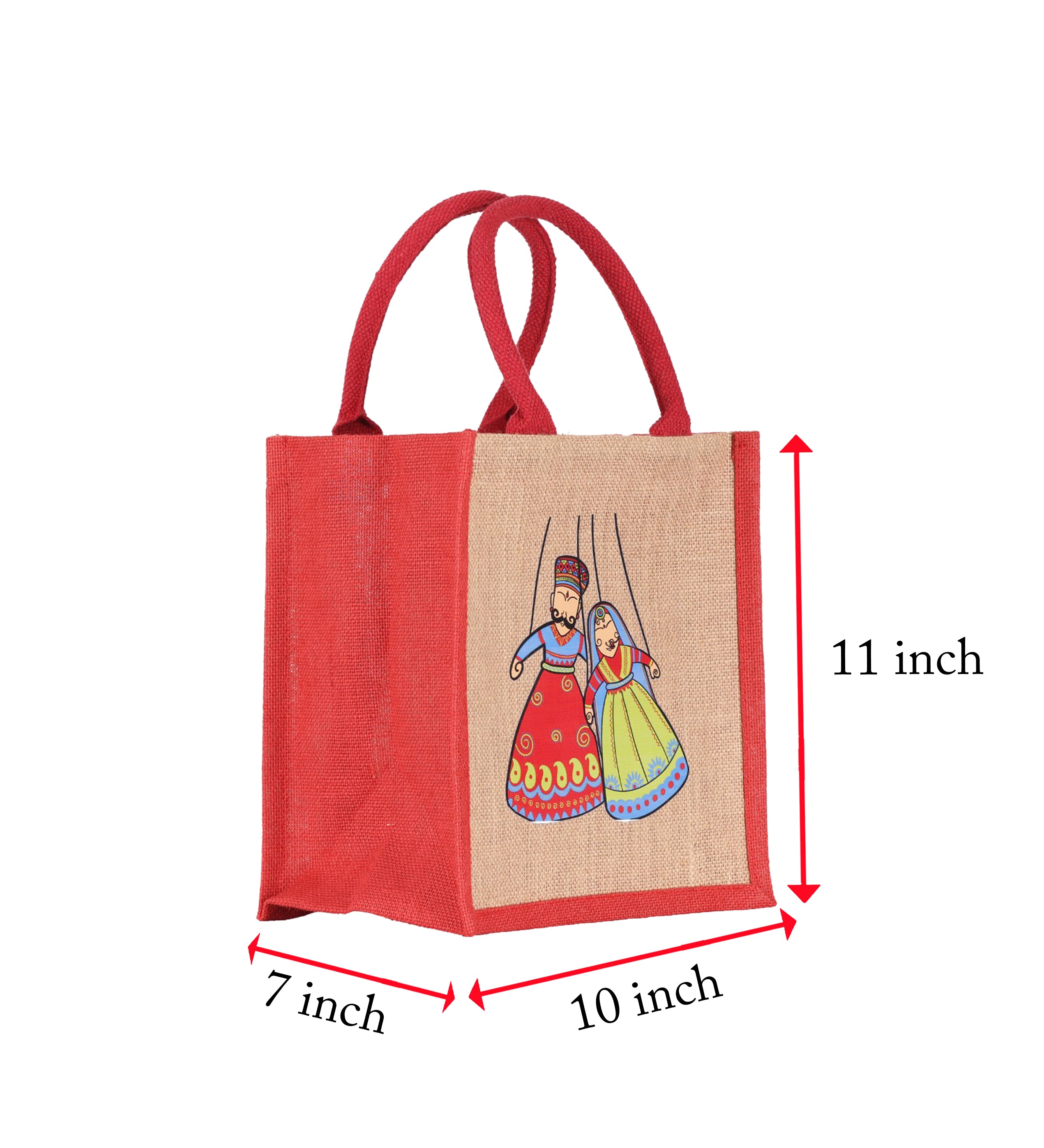 JUTE COTTAGE PUPPET PRINT ZIPPER LUNCH BAG, SUSTAINABLE, ECO-FRIENDLY, 100% GENUINE, STYLISH (RED/NATURAL 11X10X7)