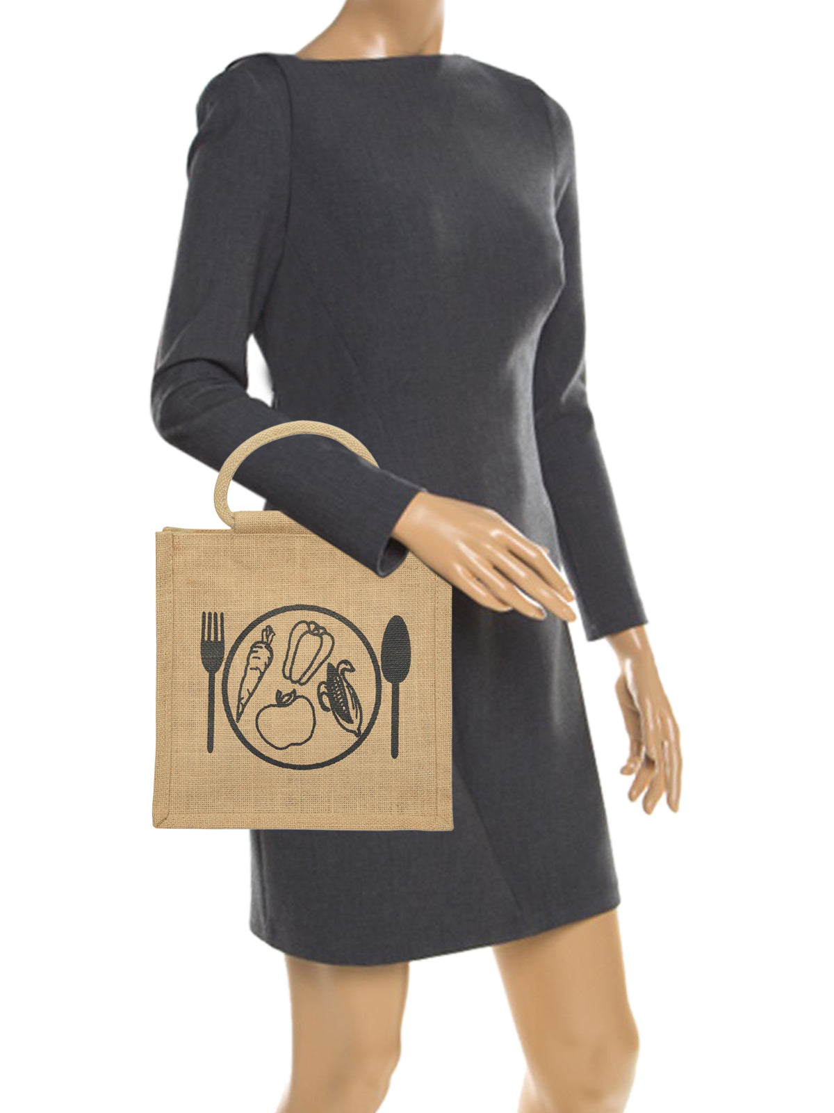 10 X 10 X 7 - SPOON & FORK PRINT LUNCH BAG ZIPPER (B-184-NATURAL)