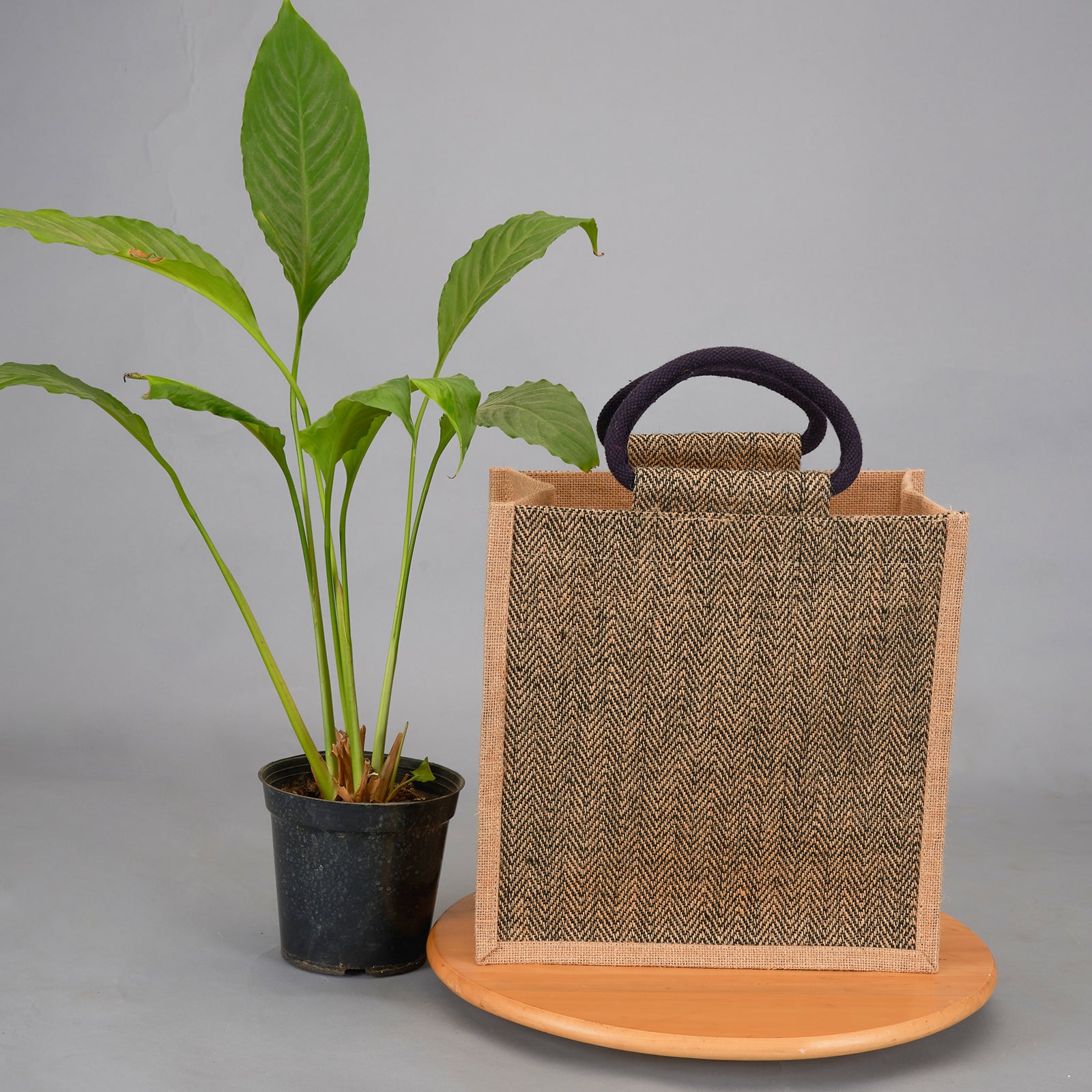 JUTE COTTAGE HERRINGBONE JUTE LUNCH ZIPPER, SUSTAINABLE, ECO-FRIENDLY, 100% GENUINE JUTE, STYLISH (BLACK 11X10X7)