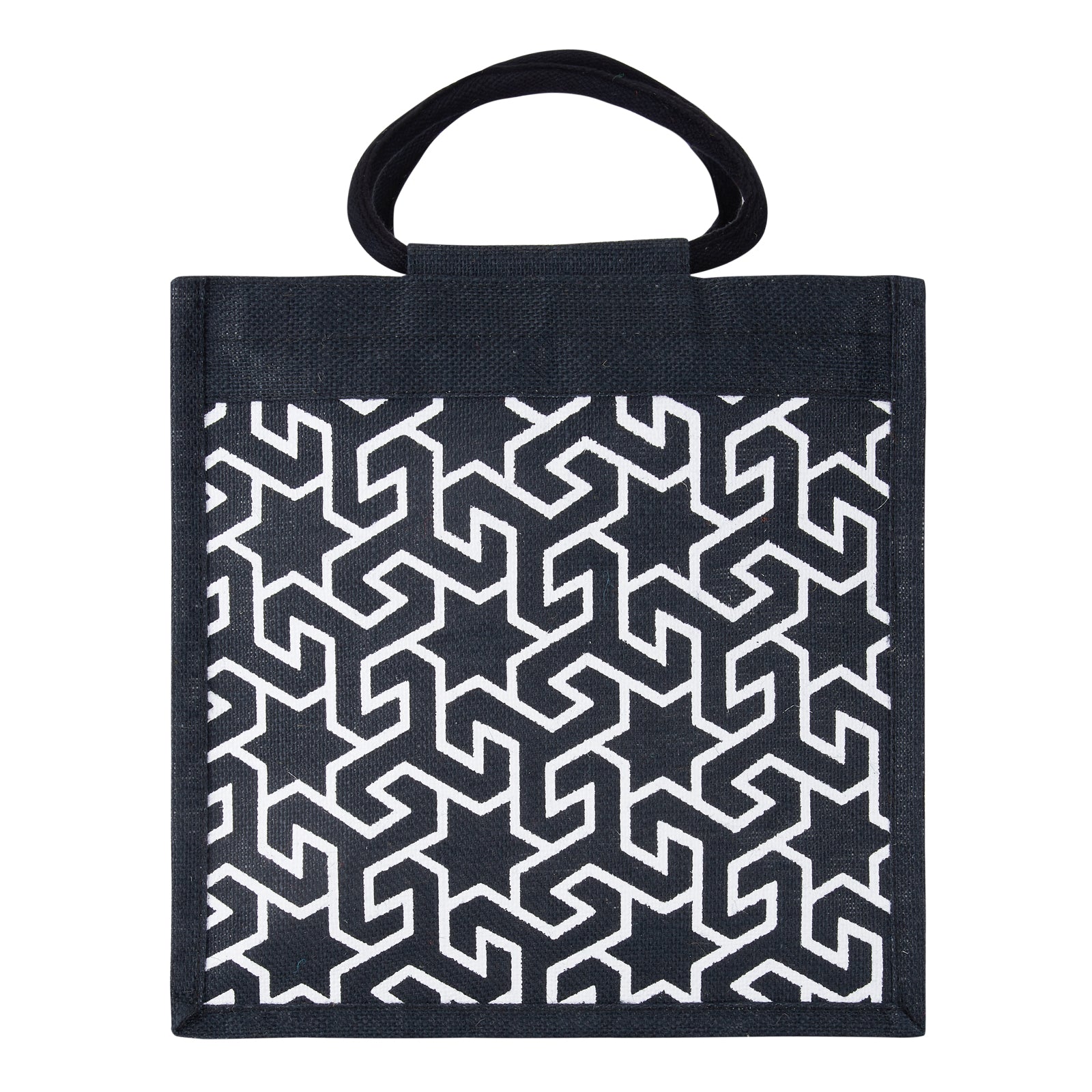 JUTE COTTAGE GEOMETRIC MOTIF PRINT LUNCH ZIPPER, SUSTAINABLE, ECO-FRIENDLY, 100% GENUINE JUTE, STYLISH (BLACK/WHITE 12X12X7)