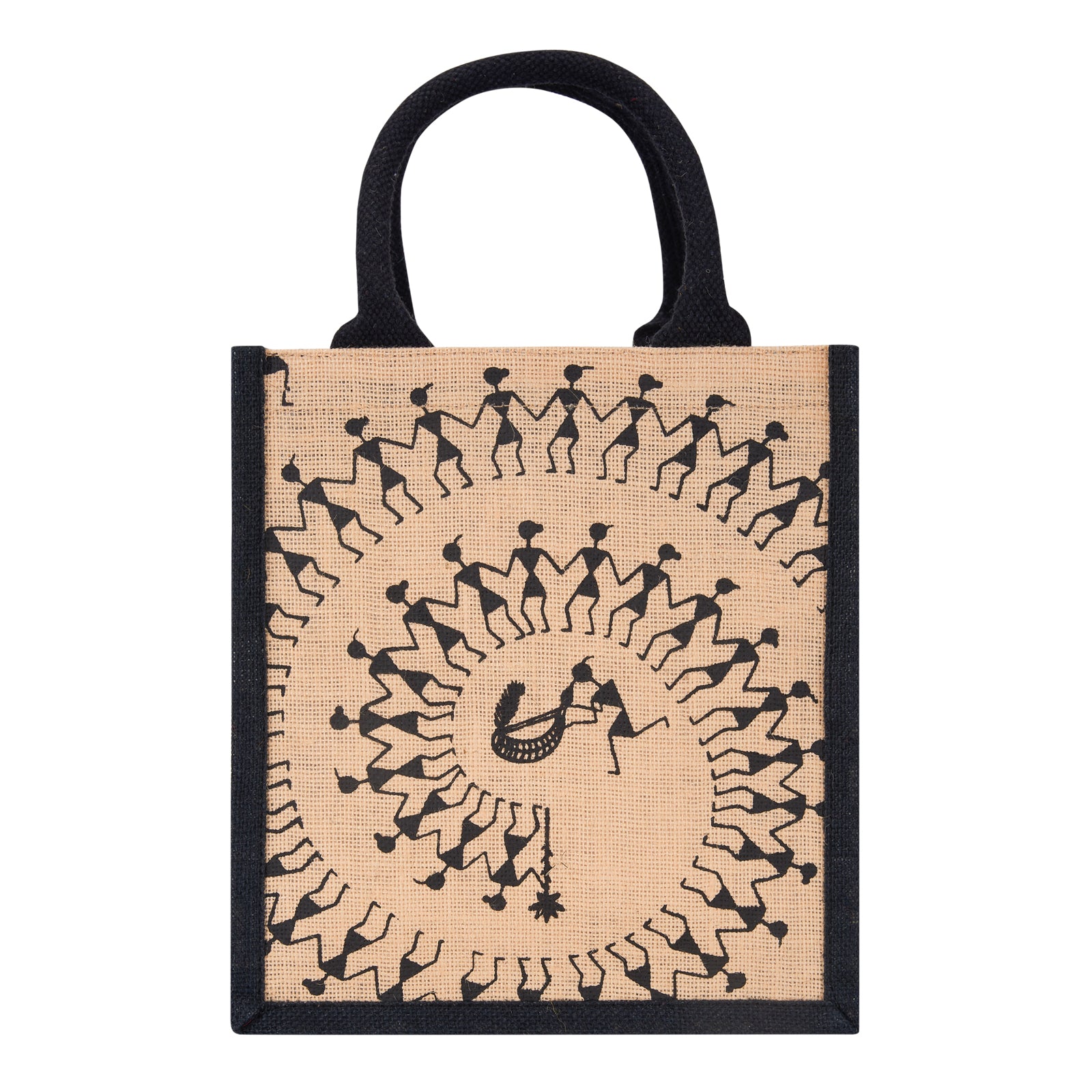 JUTE COTTAGE WARLI PRINT LUNCH ZIPPER, SUSTAINABLE, ECO-FRIENDLY, 100% GENUINE JUTE, STYLISH (BLACK/NATURAL 11X10X7)